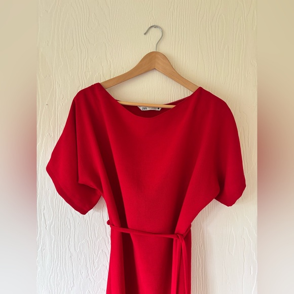 Zara Bright Red Midi Belted Side Zip Slit Short Sleeve Minimalist Slouch Dress - Picture 5 of 17